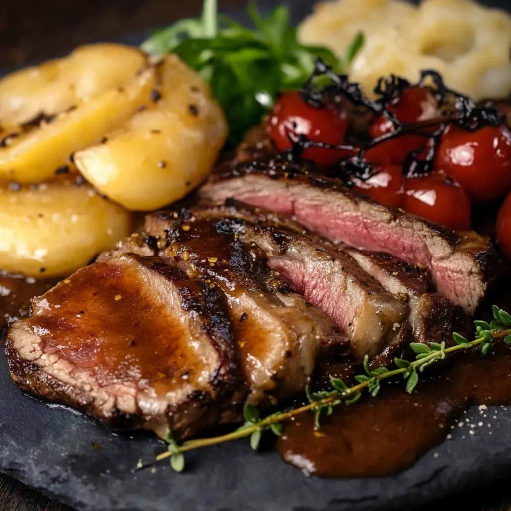 Langsam gegartes mariniertes Rindfleisch mit Soße