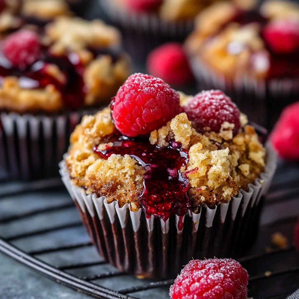 Dunkle Schokoladenstückchen-Himbeer-Crumble-Muffins